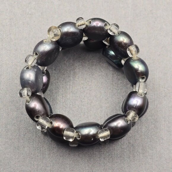 Peacock Pearl Stretch Ring Size 6–10 Glass Beads Spacers VTG Double Layered 12mm - Picture 4 of 9